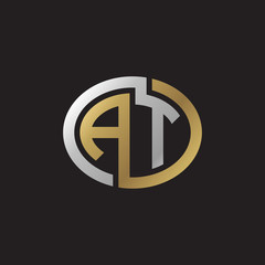 Initial letter AT, looping line, ellipse shape logo, silver gold color on black background