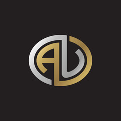 Initial letter AU, looping line, ellipse shape logo, silver gold color on black background