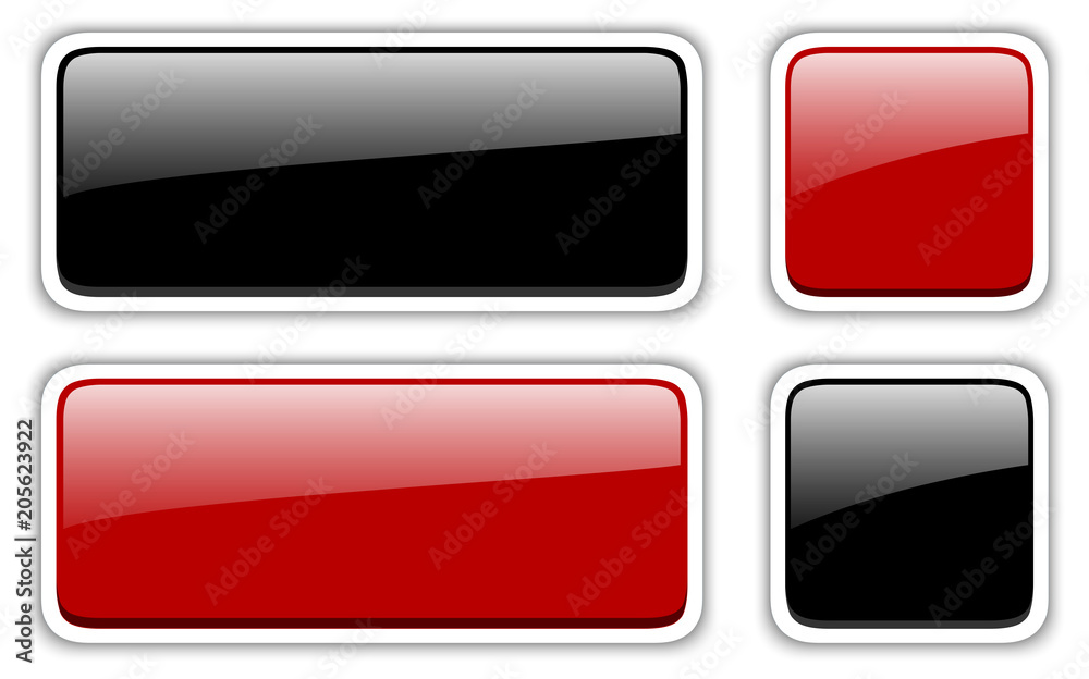 Poster shiny buttons set, red and black vector badges.
