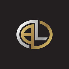 Initial letter BL, looping line, ellipse shape logo, silver gold color on black background