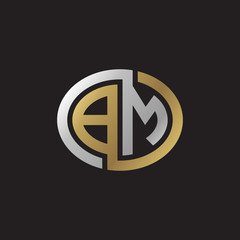 Initial letter BM, looping line, ellipse shape logo, silver gold color on black background