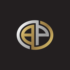 Initial letter BP, looping line, ellipse shape logo, silver gold color on black background