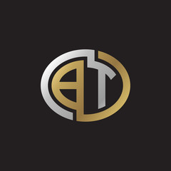 Initial letter BT, looping line, ellipse shape logo, silver gold color on black background