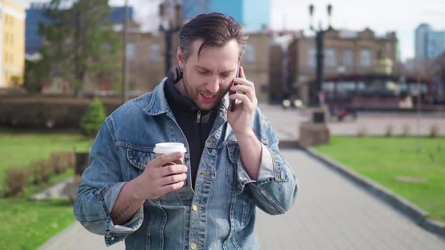 Happy Handsome Business Man Talking On Smart Phone On Vacation In Europe Remote 4G Wi-Fi Internet Work And Travel Concept.