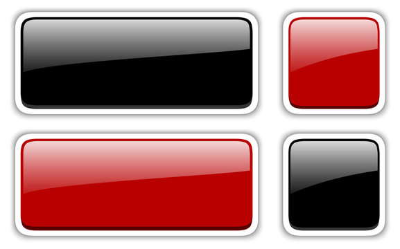 Shiny buttons set, red and black vector badges.