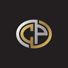 Initial letter CP, looping line, ellipse shape logo, silver gold color on black background