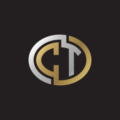 Initial letter CT, looping line, ellipse shape logo, silver gold color on black background