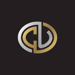 Initial letter CU, looping line, ellipse shape logo, silver gold color on black background