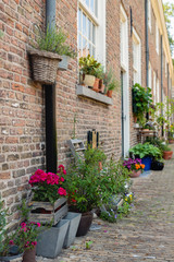 Fototapeta na wymiar Colorful flowering potted plants in an old Dutch beguinage