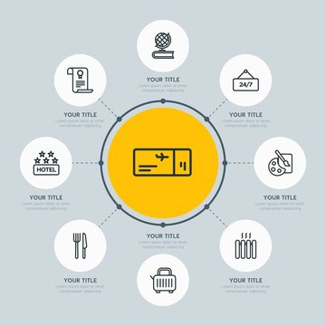 Circle network chart hotel, education, travel infographic template with 8 options for presentations, advertising, annual reports.