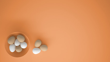 Chicken eggs into a orange cup on the table, orange background with copy space, breakfast easter food concept idea, top view