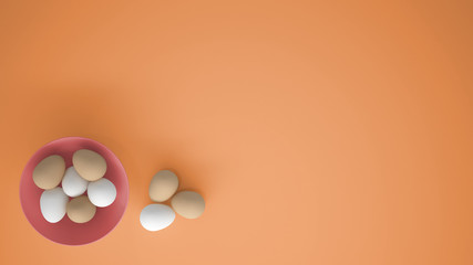 Chicken eggs into a pink cup on the table, orange background with copy space, breakfast easter food concept idea, top view