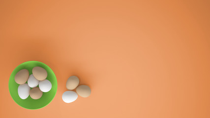 Chicken eggs into a green cup on the table, orange background with copy space, breakfast easter food concept idea, top view