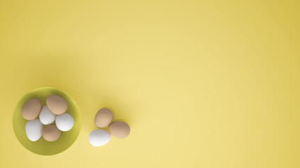 Chicken eggs into a yellow cup on the table, yellow background with copy space, breakfast easter food concept idea, top view