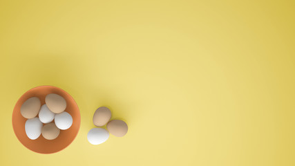 Chicken eggs into a orange cup on the table, yellow background with copy space, breakfast easter food concept idea, top view