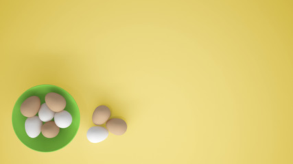 Chicken eggs into a green cup on the table, yellow background with copy space, breakfast easter food concept idea, top view