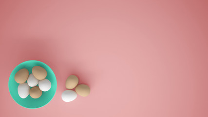 Chicken eggs into a turquoise cup and on the table, pink background with copy space, breakfast easter food concept idea, top view