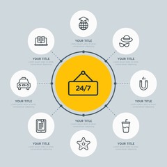 Circle network chart hotel, education, travel infographic template with 8 options for presentations, advertising, annual reports.