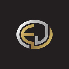 Initial letter EJ, looping line, ellipse shape logo, silver gold color on black background