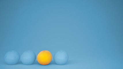 Outstanding OGM free orange contrasts with blue oranges on pastel background with copy space, natural healthy fruit concept idea