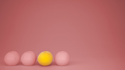 Outstanding OGM free orange contrasts with pink oranges on pastel background with copy space, natural healthy fruit concept idea