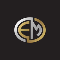 Initial letter EM, looping line, ellipse shape logo, silver gold color on black background