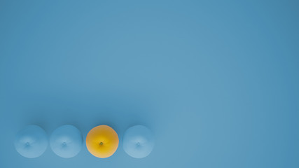 Outstanding OGM free orange contrasts with blue oranges on pastel background with copy space, natural healthy fruit concept idea, top view