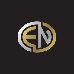 Initial letter EN, looping line, ellipse shape logo, silver gold color on black background