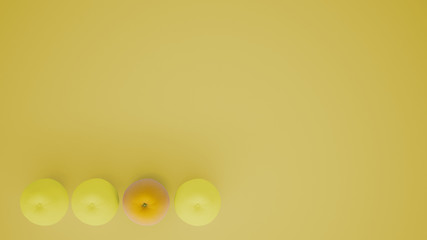 Outstanding OGM free orange contrasts with yellow oranges on pastel background with copy space, natural healthy fruit concept idea, top view