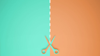 Scissors with cut lines on pastel turquoise and orange colored background with copy space, template mockup concept idea