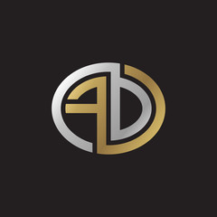 Initial letter FD, FO, looping line, ellipse shape logo, silver gold color on black background