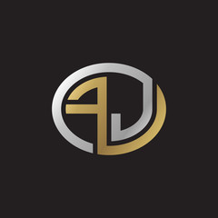 Initial letter FJ, looping line, ellipse shape logo, silver gold color on black background
