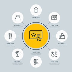 Circle network chart hotel, education, travel infographic template with 8 options for presentations, advertising, annual reports.
