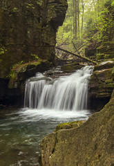 Fototapeta na wymiar Small waterfall between rock in the wild forest