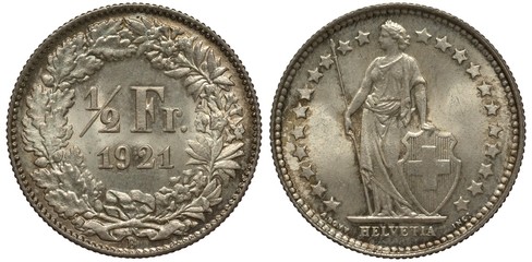 Switzerland Swiss half franc 1921, circular plant ornament, denomination and date within, standing...