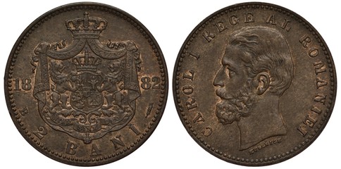 Romania Romanian coin two bani 1882, denomination and date within wreath, royal arms, crown on top,...