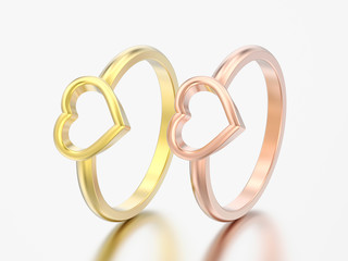 3D illustration two yellow and rose gold engagement wedding heart rings