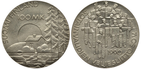 Finland Finnish coin one hundred mark 1990, 50th anniversary of Disabled War Veterans Association, sun, house, fir trees, human figures, silver,