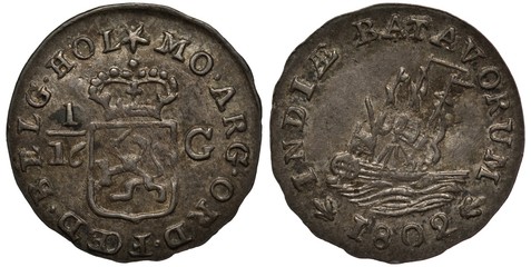 Batavian India Netherlands East India Indonesia coin one sixteenth of a gulden, lion in crowned...