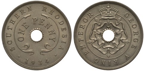 Southern Rhodesia coin one penny 1934, center hole, vignettes at sides, flower, crown on top, ruler...