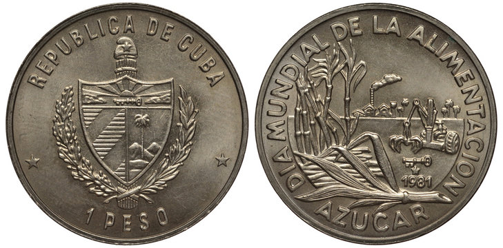 Cuba Cuban Coin One Peso 1981, International Day Of Food, Arms, Denomination Below, Sugar Cane,  Mill, Harvester, 