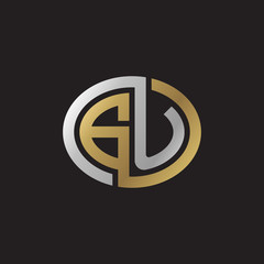 Initial letter GU, looping line, ellipse shape logo, silver gold color on black background
