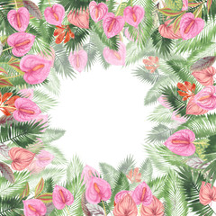 tropical watercolor background, natural leaves, paportnik, dense jungle, palm leaves, liana, traditional chant, callas, lianas, on white background