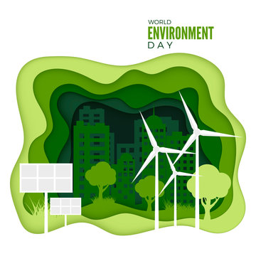 World Environment Day. Abstract Green City Concept. Ecology Concept Banner With Paper Cut Green Texture. Green Energy Concept. Vector Illustration Isolated On White