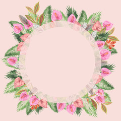 tropical watercolor background, natural leaves, paportnik, dense jungle, palm leaves, liana, traditional chant, callas, lianas, on white background