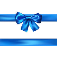 Blue bow with ribbon isolated on white background. Realistic silk bow. Decoration for gifts and packing blue bow. Vector illustration