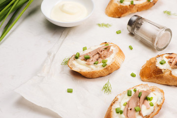 Bruschetta. Sandwich tuna fish salad on wooden background