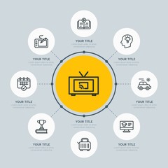 Circle network chart hotel, education, travel infographic template with 8 options for presentations, advertising, annual reports.