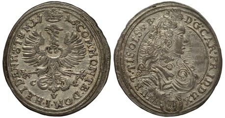 Germany Schleswig Wuerttemberg Oels coin six kreuzer 1715, imperial eagle, crown on to divides date, ruler Carl, bust right, silver,