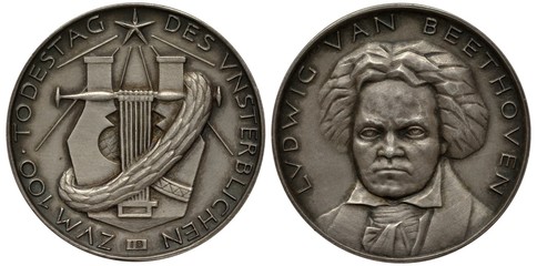 Germany German medal 100th anniversary of immortality, composer Ludwig van Beethoven, harp as...